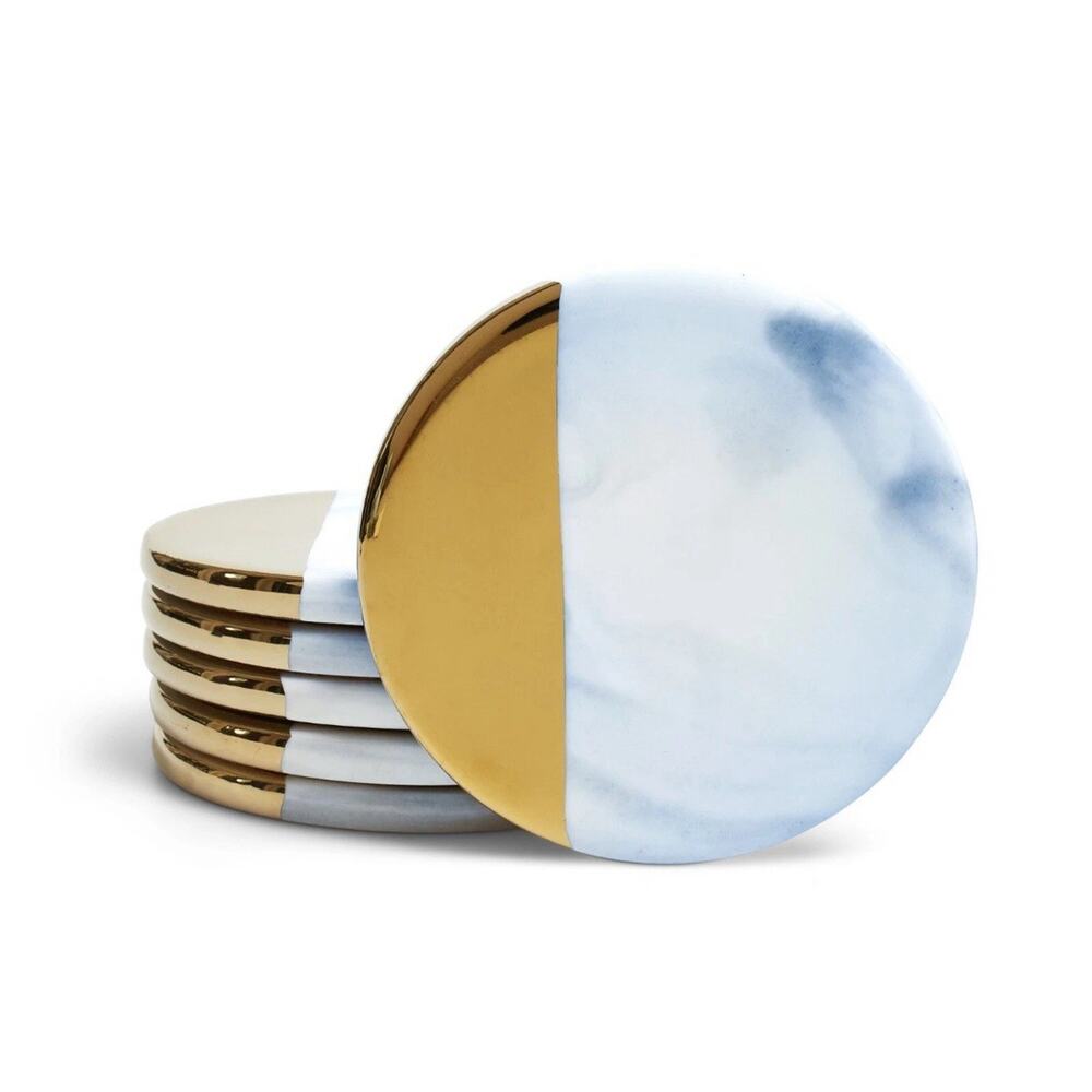 Luxury Blue And White‎ Marble Gold Accent Round Beverage Coasters - Set Of 6